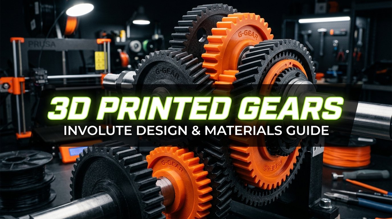 High precision 3D printed mechanical gears including carbon fiber nylon and tough PLA spur gears meshing smoothly in an FDM engineering test rig