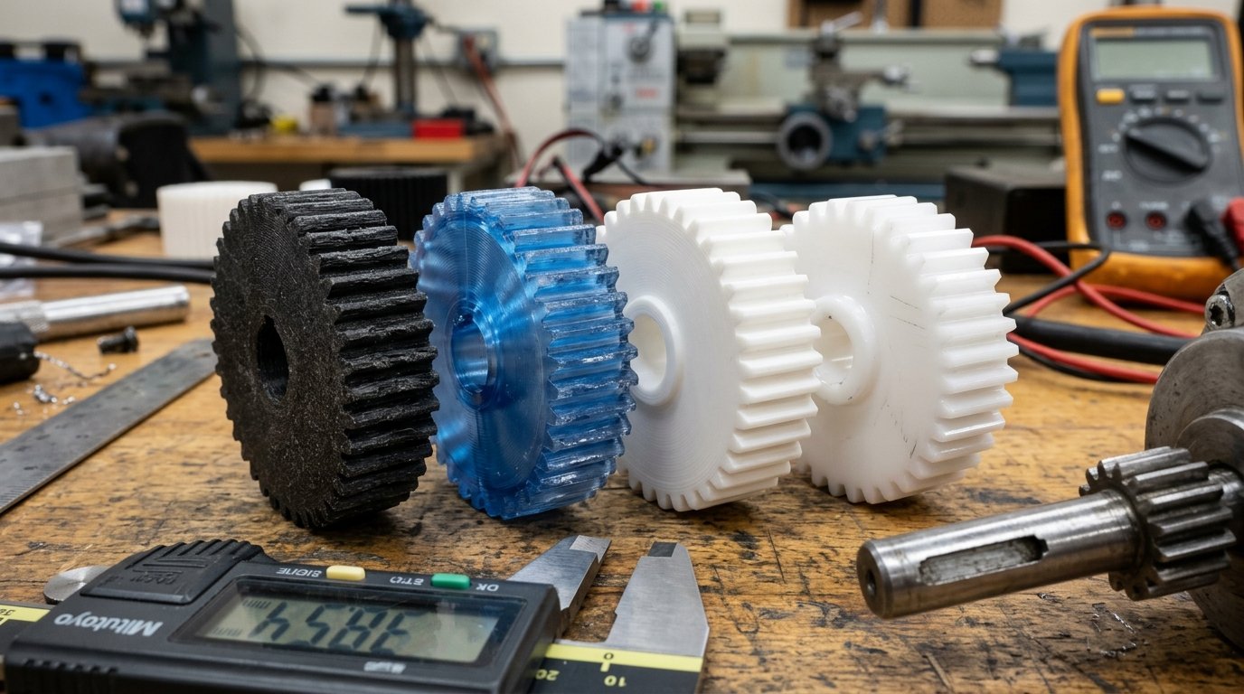Macro photography comparing four 3D printed mechanical gears in carbon fiber Nylon, translucent PETG, Tough PLA, and POM on a workshop test bench