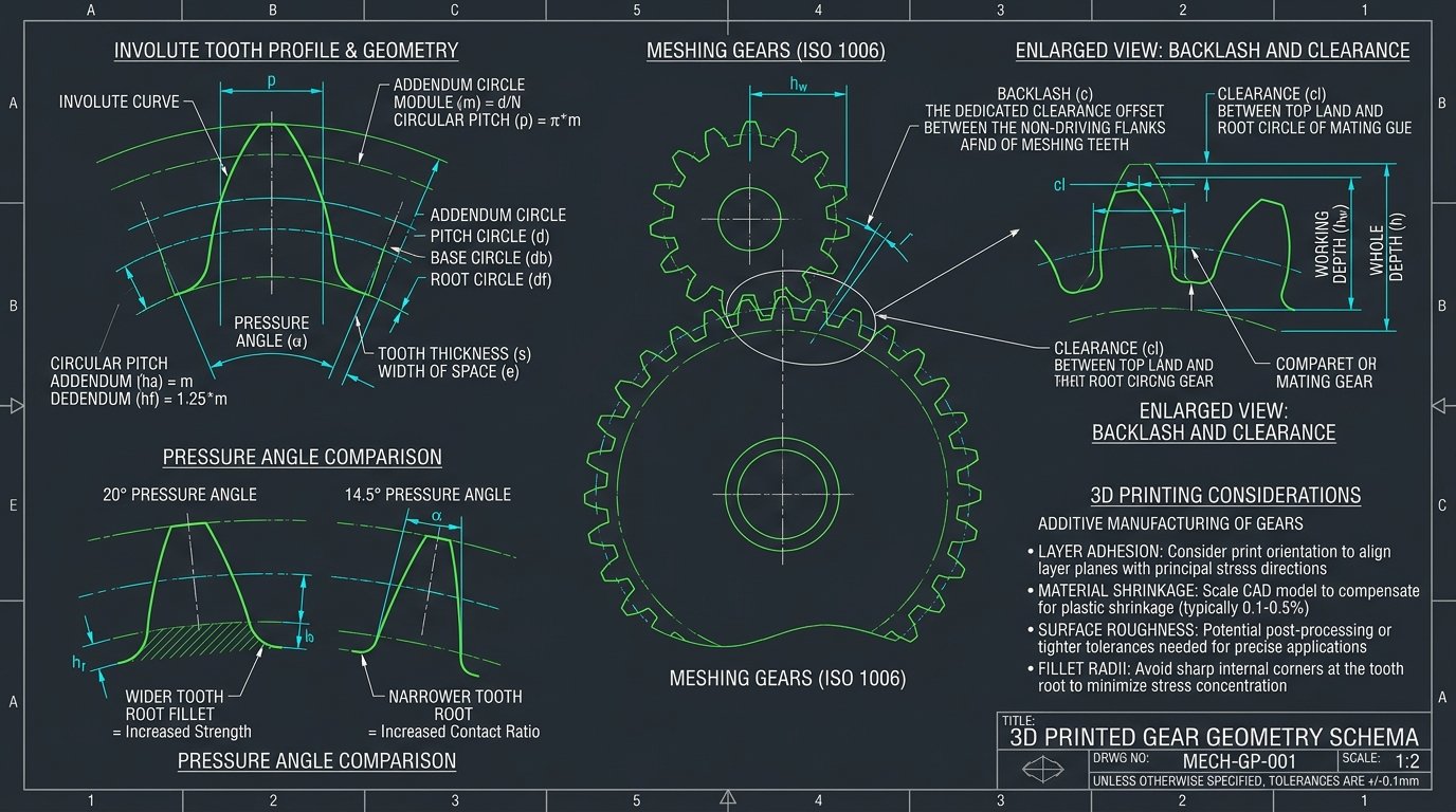 Engineering schematic diagram showing involute gear tooth profile geometry, pitch circle, pressure angle comparisons, and backlash clearance