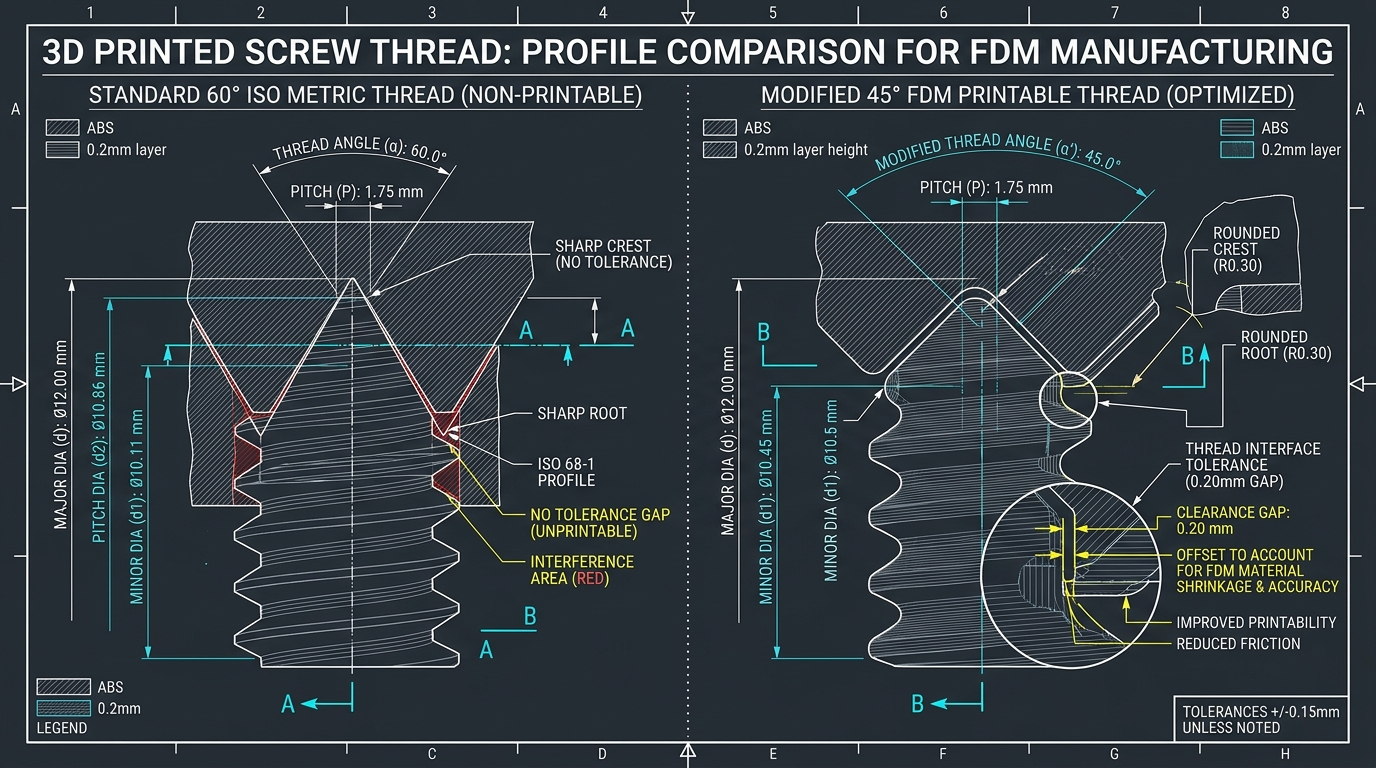 Engineering CAD technical diagram showing side by side comparison of 60 degree ISO metric threads and modified 45 degree FDM printable threads with 0.20mm radial tolerance offsets