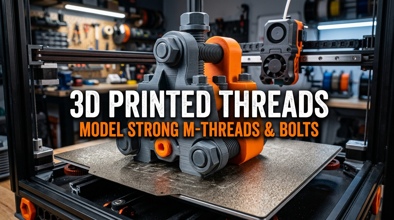 Heavy-duty 3D printed mechanical assembly with large hexagonal bolts and M-threads printed in dark grey and orange engineering filament on a textured PEI build plate