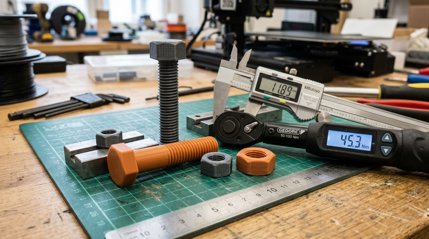 Close-up macro workshop photo of 3D printed M10 and M12 bolts, nuts, and precision digital torque wrench on a maker workbench showing layer orientation and thread teeth