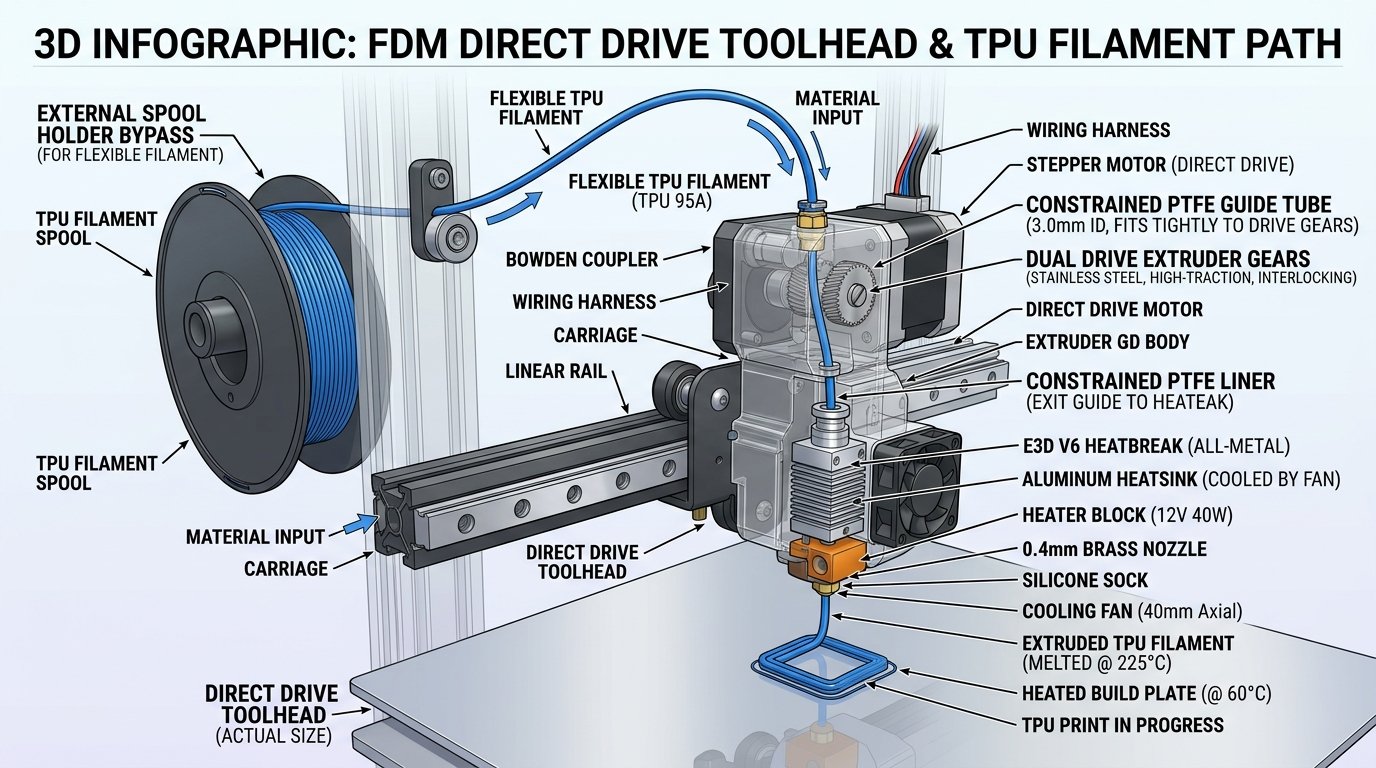 Technical 3D diagram showing direct drive toolhead extruding flexible TPU filament, illustrating constrained guide tube and external spool bypass setup