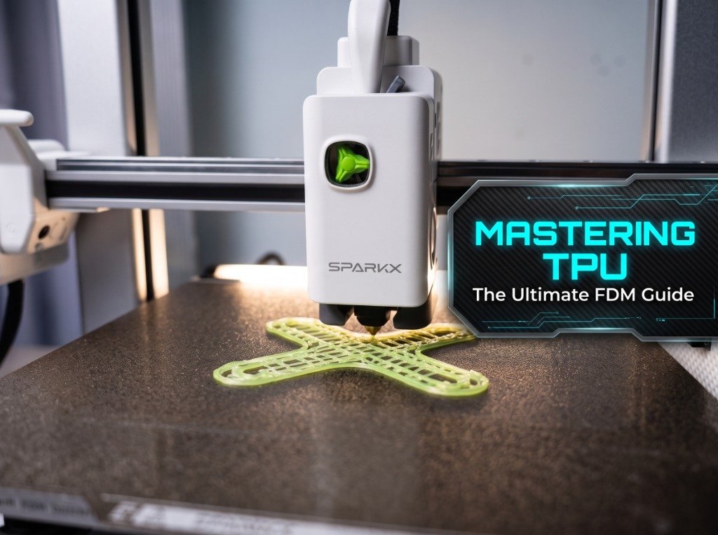 Close-up technical photograph of a modern direct-drive FDM 3D printer toolhead extruding flexible TPU filament onto a textured PEI build plate