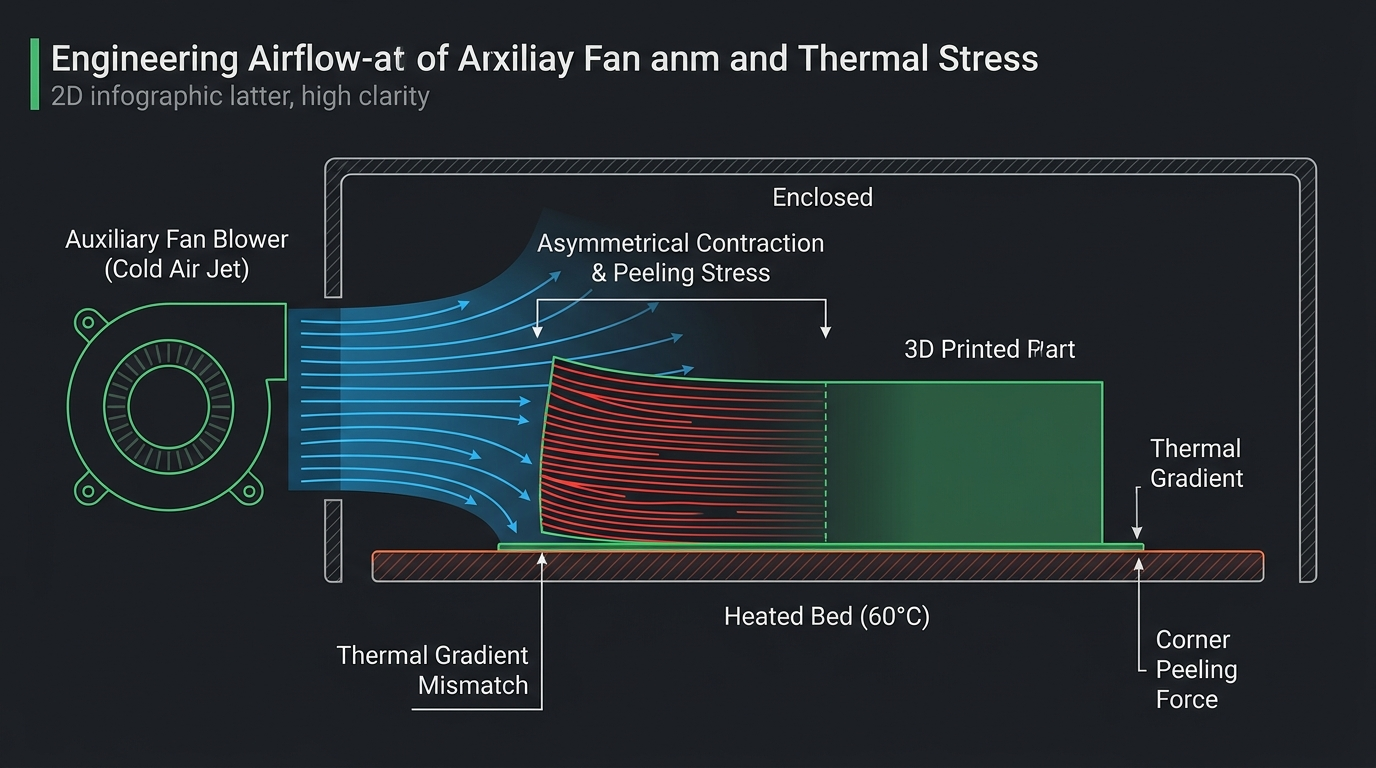 Technical 2D schematic diagram illustrating auxiliary fan cold air jet creating asymmetrical thermal contraction and corner peeling stress on an FDM build plate