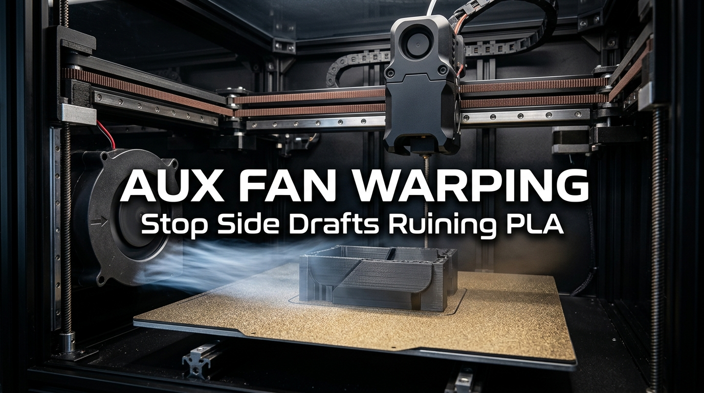 Auxiliary cooling fan blowing cold air draft across a wide 3D printed model on an enclosed FDM CoreXY printer build plate