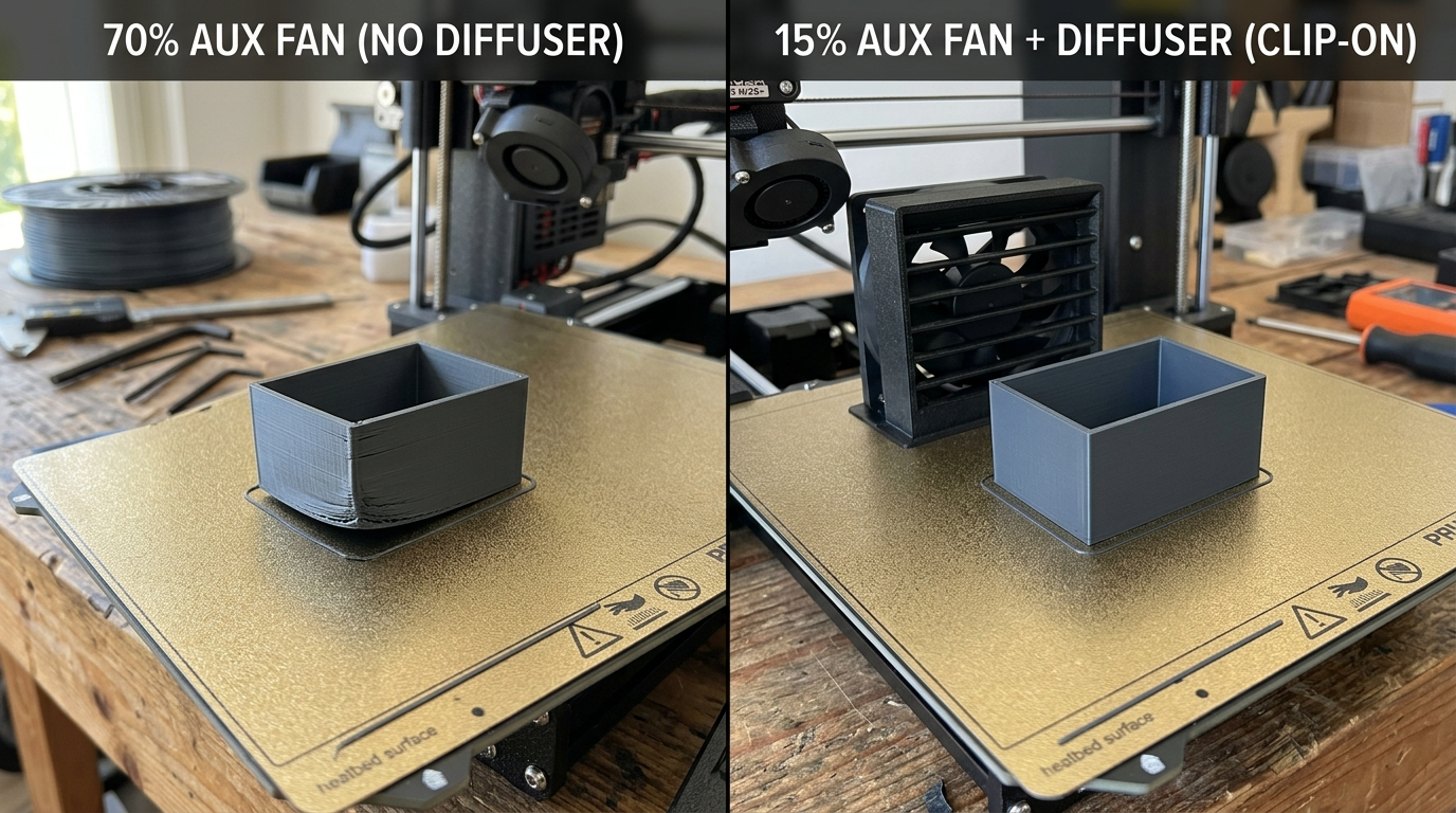 Side by side macro workshop comparison of a 3D printed box corner showing severe curling from 70% aux fan on the left vs perfectly flat crisp corner with baffle diffuser on the right