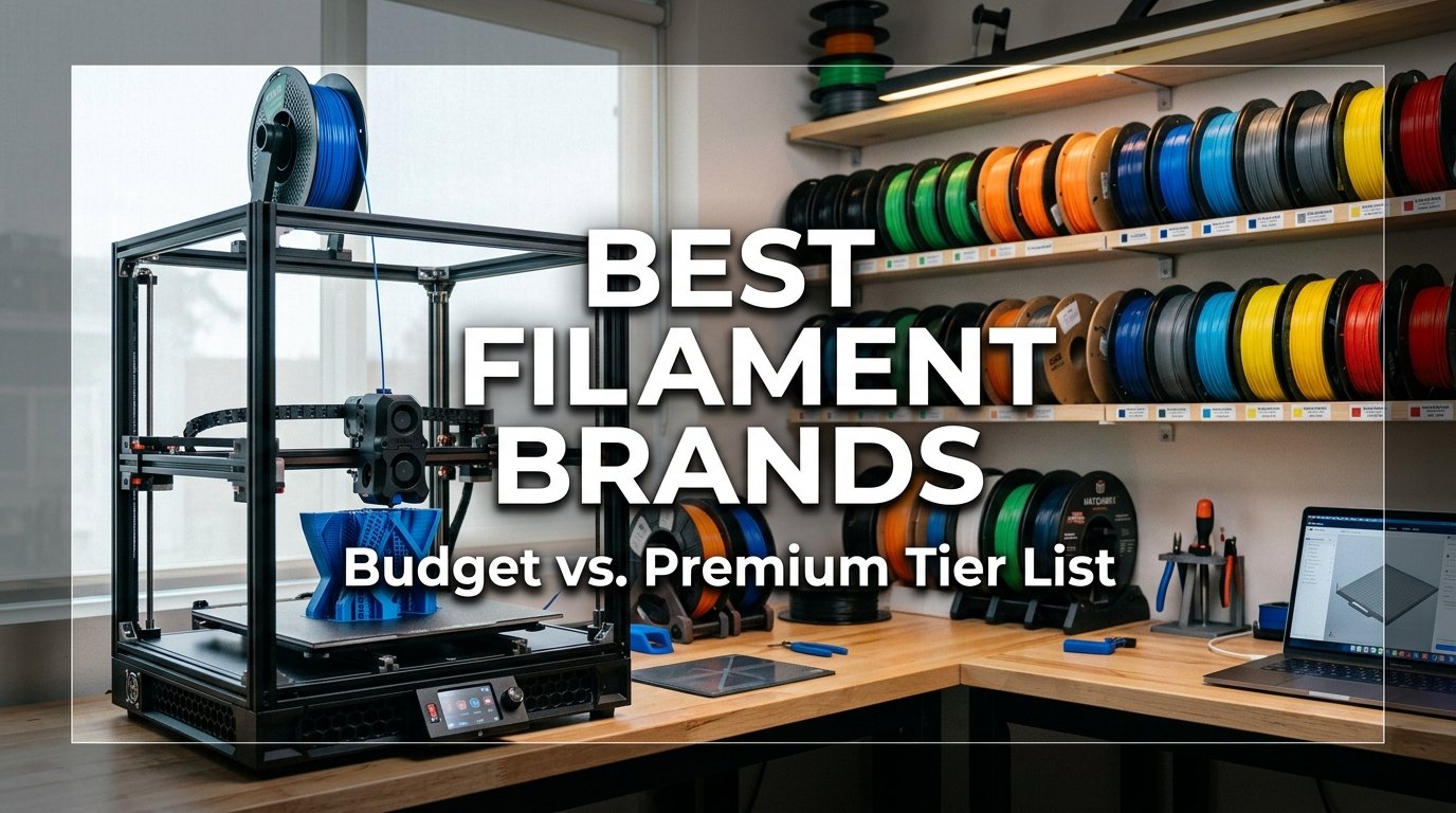 Best 3D Filament Brands: Budget vs Premium Tier List showing spools of FDM filament on a maker workshop bench