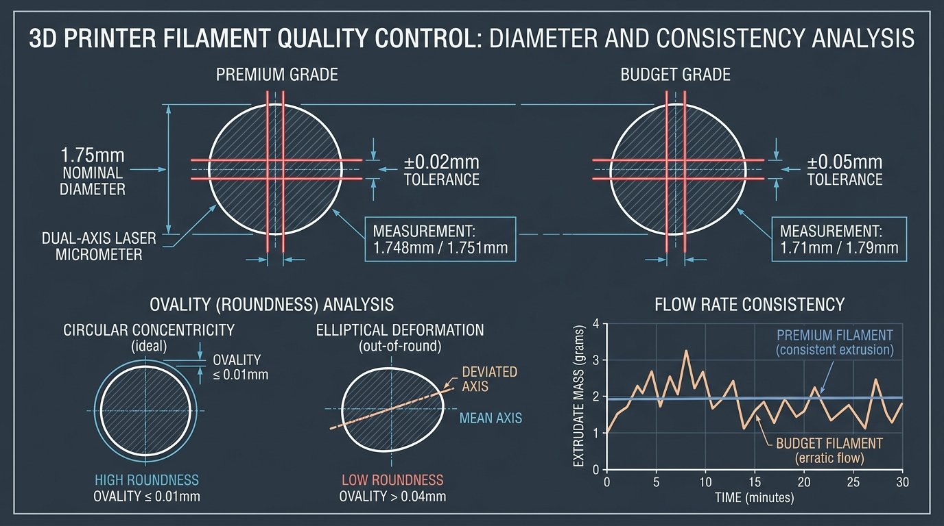 Technical 2D engineering diagram showing filament diameter tolerance and ovality inspection with dual-axis laser micrometers