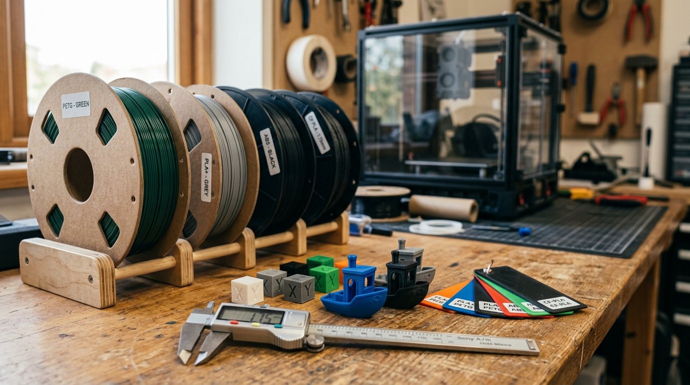 Macro workshop photograph showing various FDM filament spools on a wooden workbench with digital calipers and printed test models