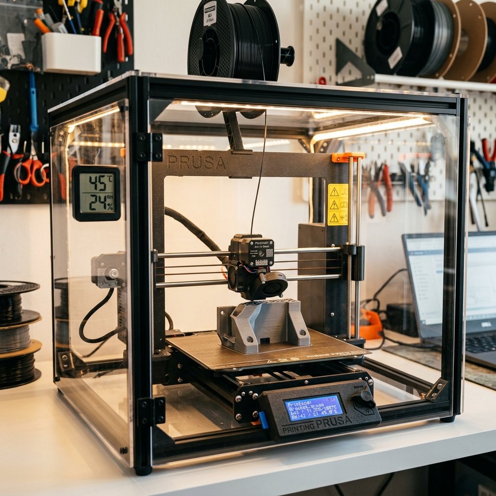 Enclosed 3D printer setup optimized for printing ASA filament showing heated bed and carbon filter unit