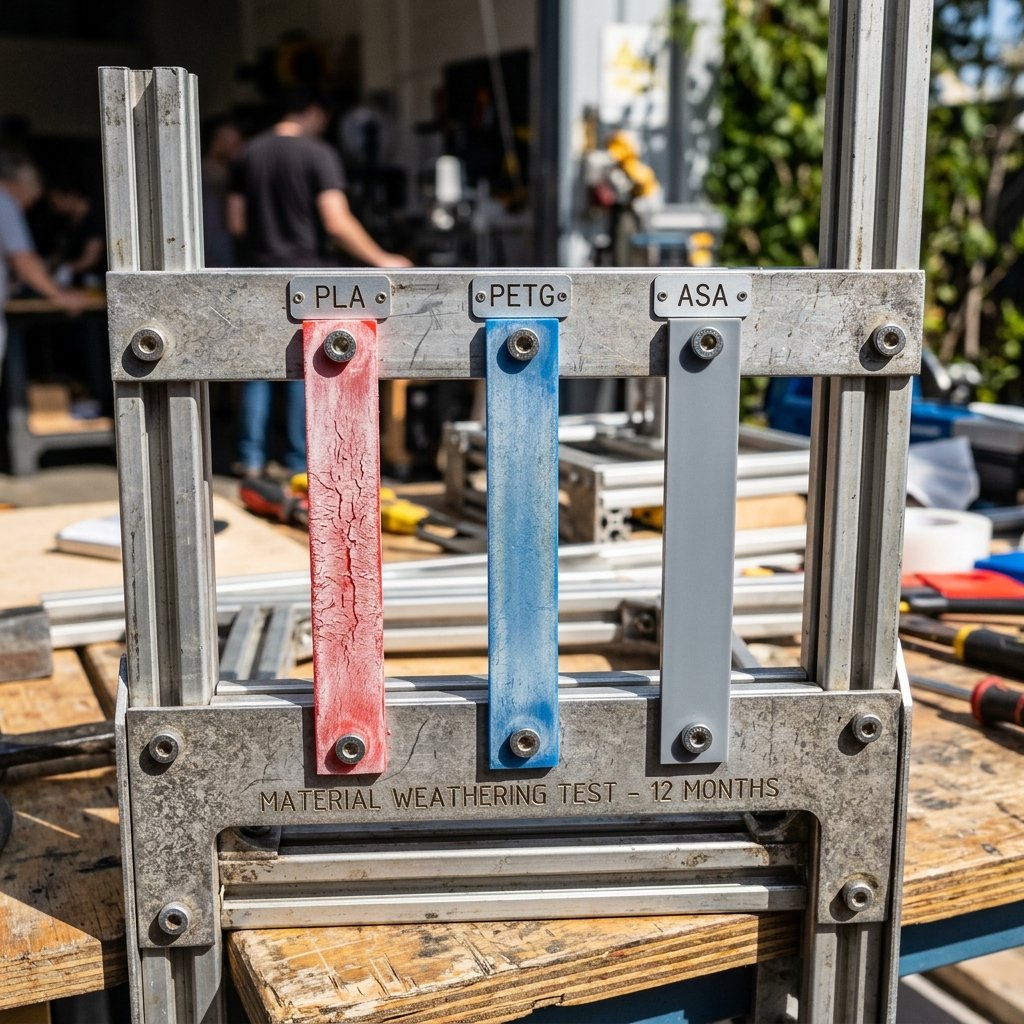 Outdoor filament weathering test showing PLA, PETG, and ASA material samples exposed to direct sunlight and rain on a testing rig