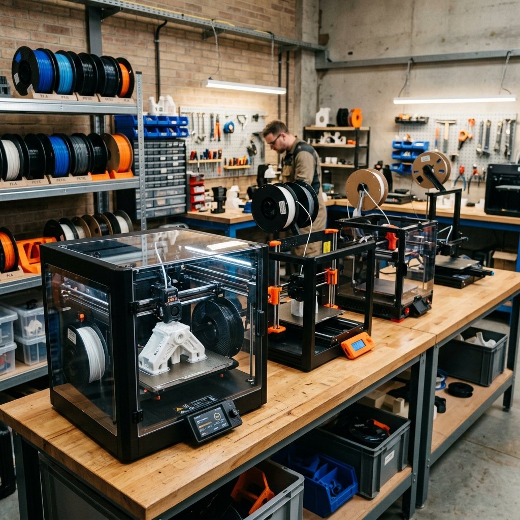 Best FDM 3D printer lineup in a professional workshop featuring modern CoreXY and multi-color systems cover