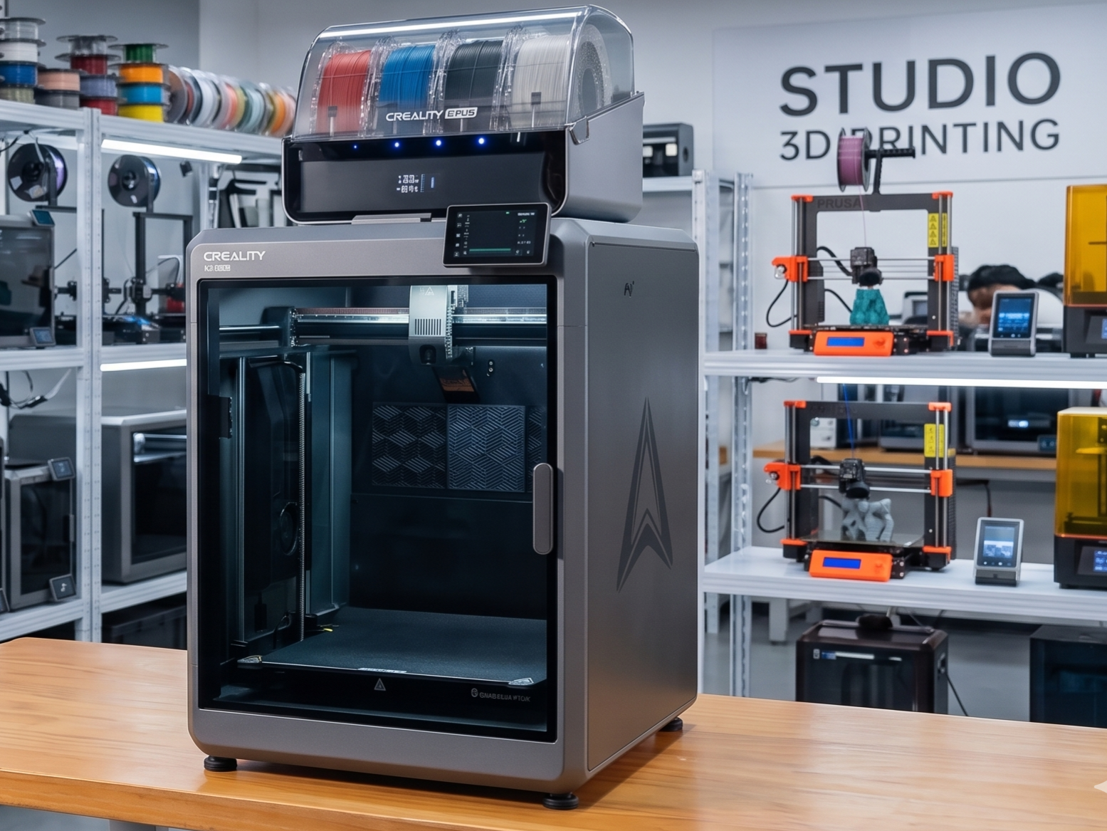 Creality K2 Plus enclosed CoreXY 3D printer with CFS multi-color system printing a mechanical component