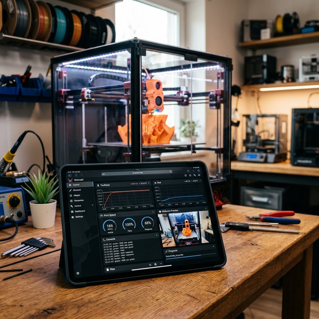 Open source Klipper web interface dashboard running on a tablet controlling a high-speed Creality FDM 3D printer