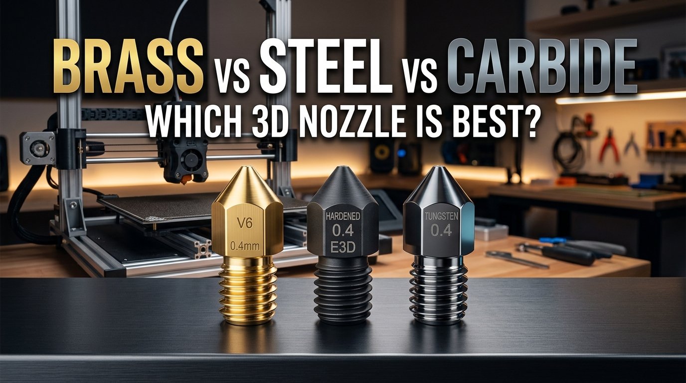 Brass, hardened steel, and tungsten carbide 3D printer nozzles compared side-by-side with hotend heat block on a modern CoreXY desktop 3D printer with textured PEI plate