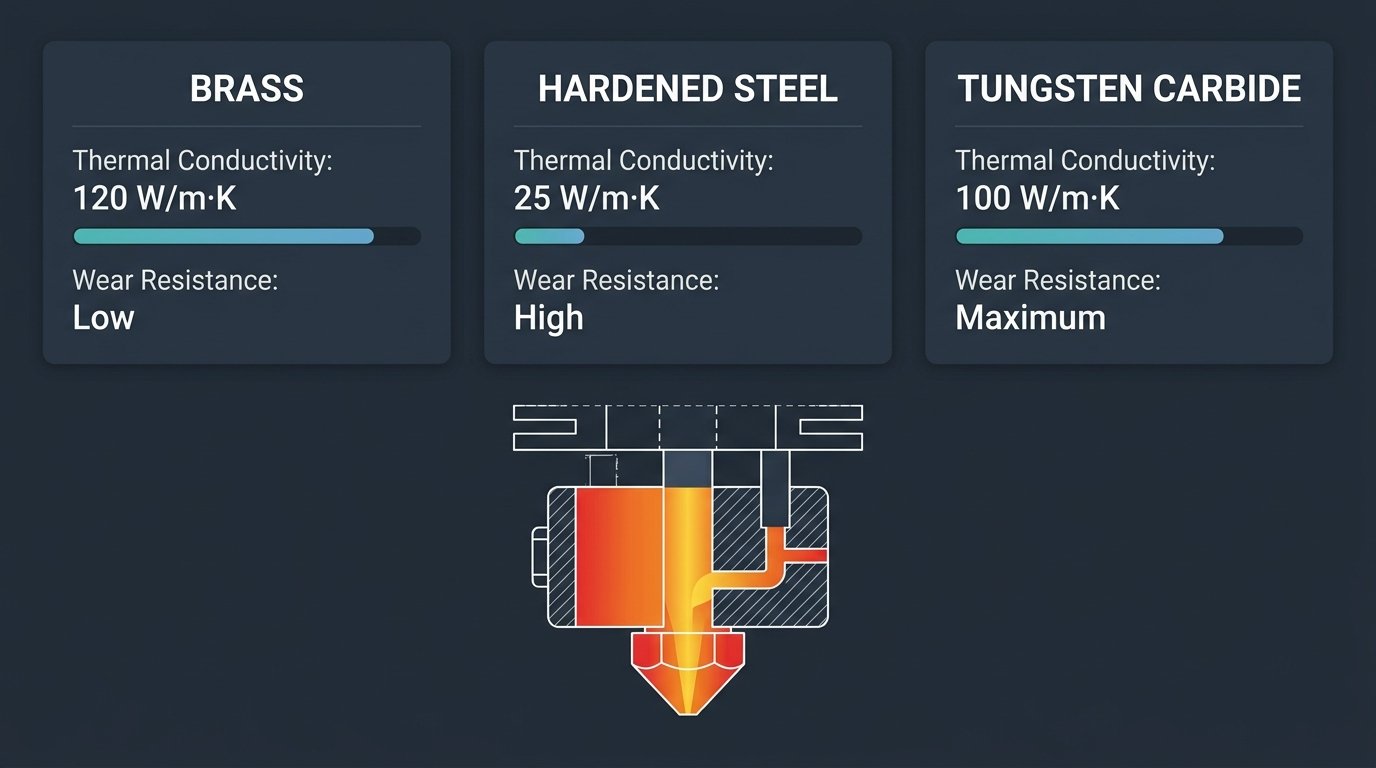 Infographic technical diagram comparing thermal conductivity and abrasive wear hardness between Brass, Hardened Steel, and Tungsten Carbide 3D printer nozzles