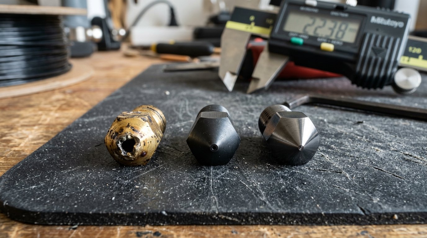 Extreme macro workshop bench photograph showing worn brass nozzle enlarged to 0.8mm next to pristine hardened steel and tungsten carbide nozzles