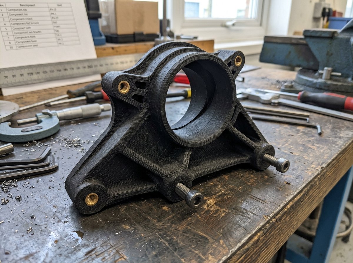 Custom 3D printed carbon fiber automotive air intake duct bracket mounted in engine bay environment