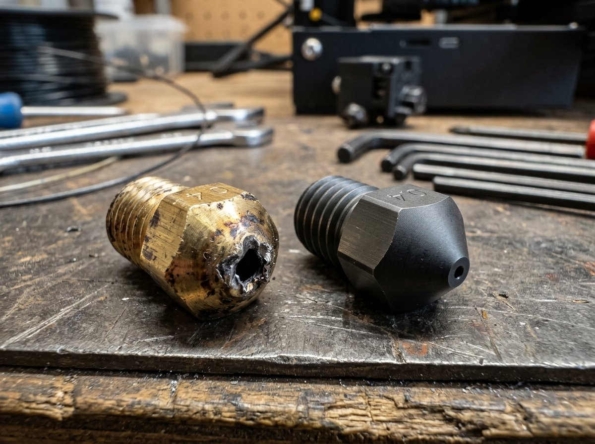 Comparison showing standard brass nozzle worn down by abrasive carbon fiber filament versus a hardened steel nozzle