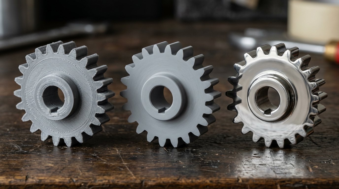 Macro photography comparison of three FDM parts: raw layer lines vs wet-sanded filler primer vs chemical vapor smoothed finish