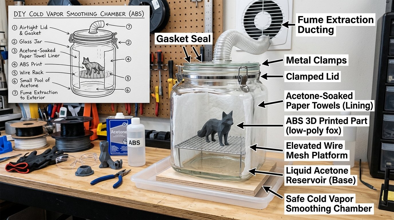 Technical diagram showing a DIY safe cold vapor acetone chamber with saturated paper towels and elevated wire platform