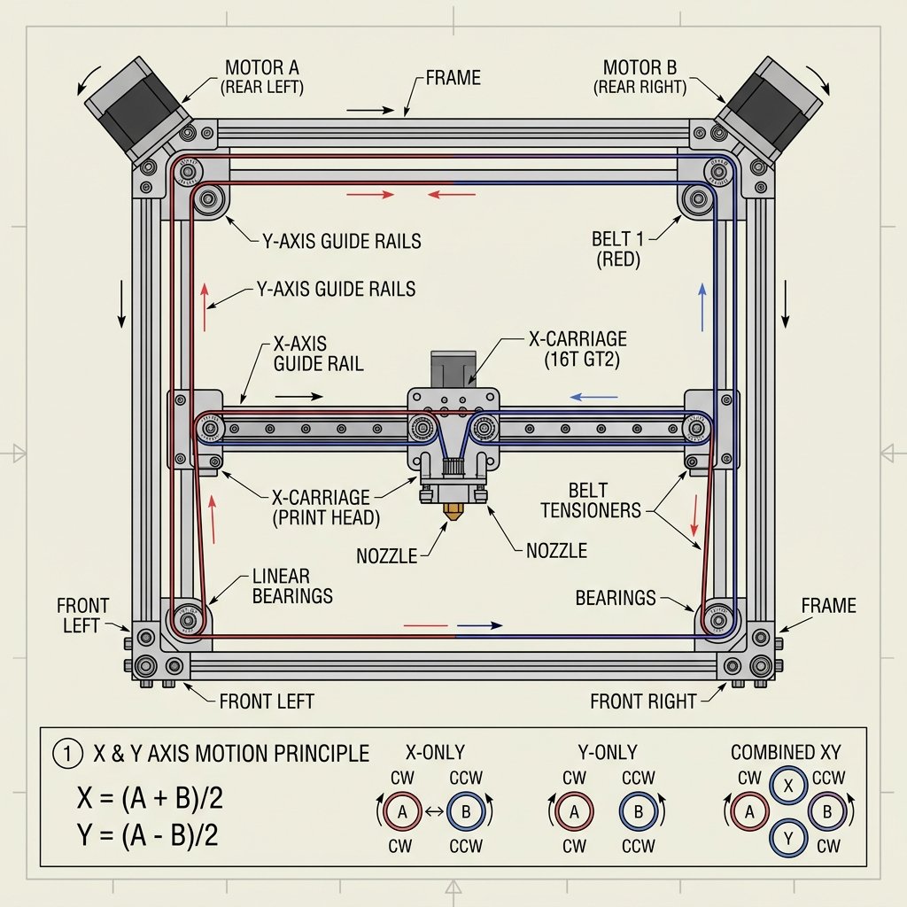 Technical schematic diagram of CoreXY belt paths showing cooperating stepper motors and gantry kinematics