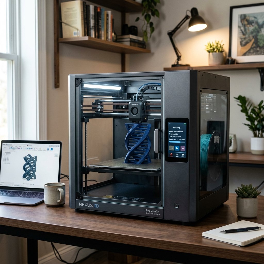 Sleek enclosed appliance-style CoreXY 3D printer sitting on an office desk printing a clean mechanical prototype