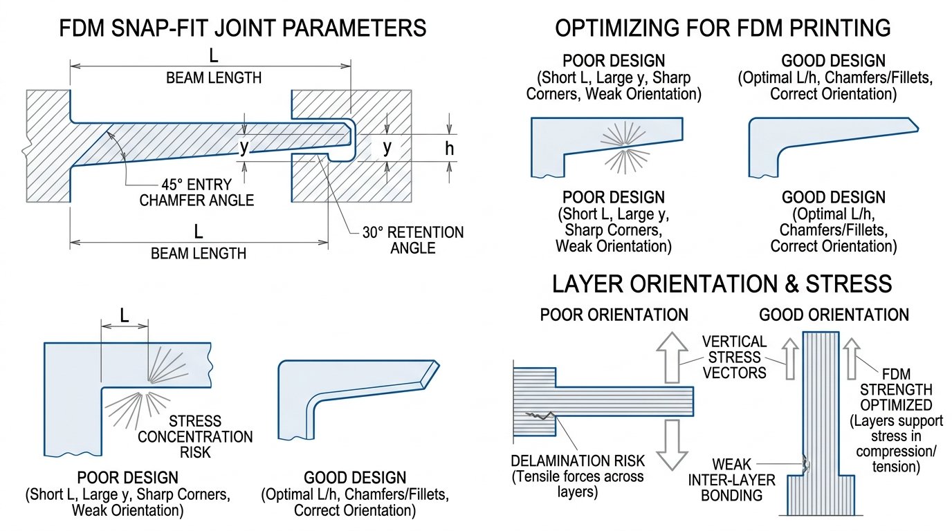 Engineering technical diagram illustrating cantilever snap-fit joint deflection formulas, undercut depth y, beam length L, and layer line orientation
