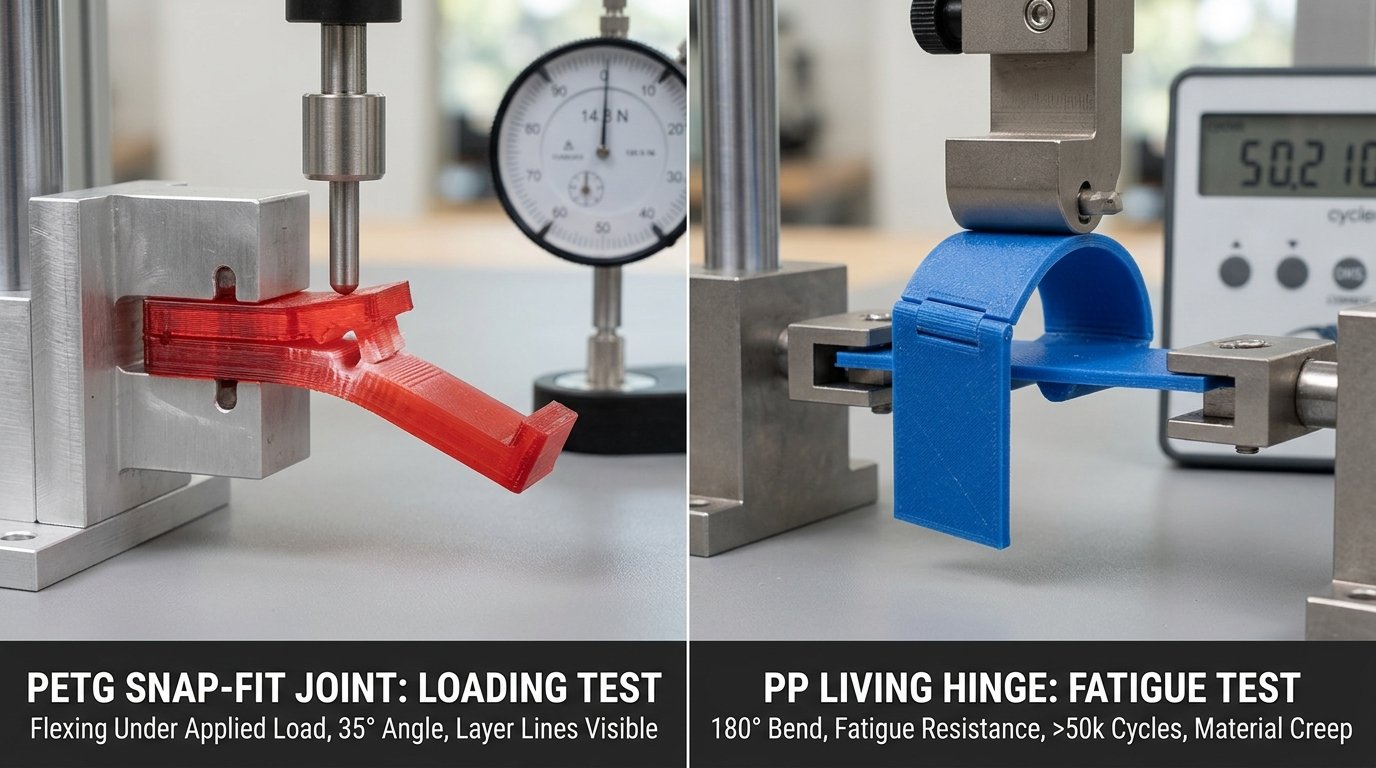 Side-by-side macro photo comparison showing a PETG snap clip undergoing bend testing and a Polypropylene flexible living hinge folded 180 degrees