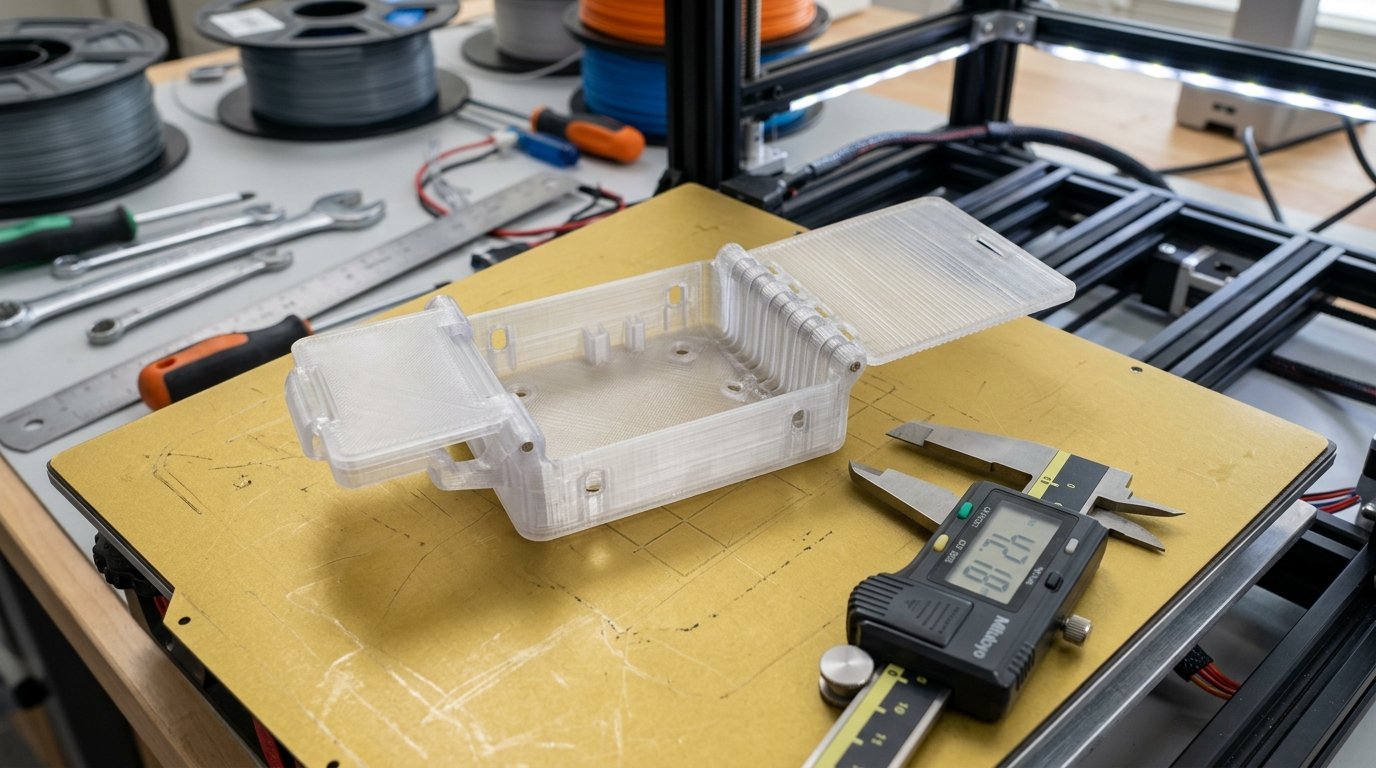 Macro photo of a functional 3D printed PETG enclosure featuring cantilever snap-fit clips and a flexible living hinge on a PEI FDM build plate