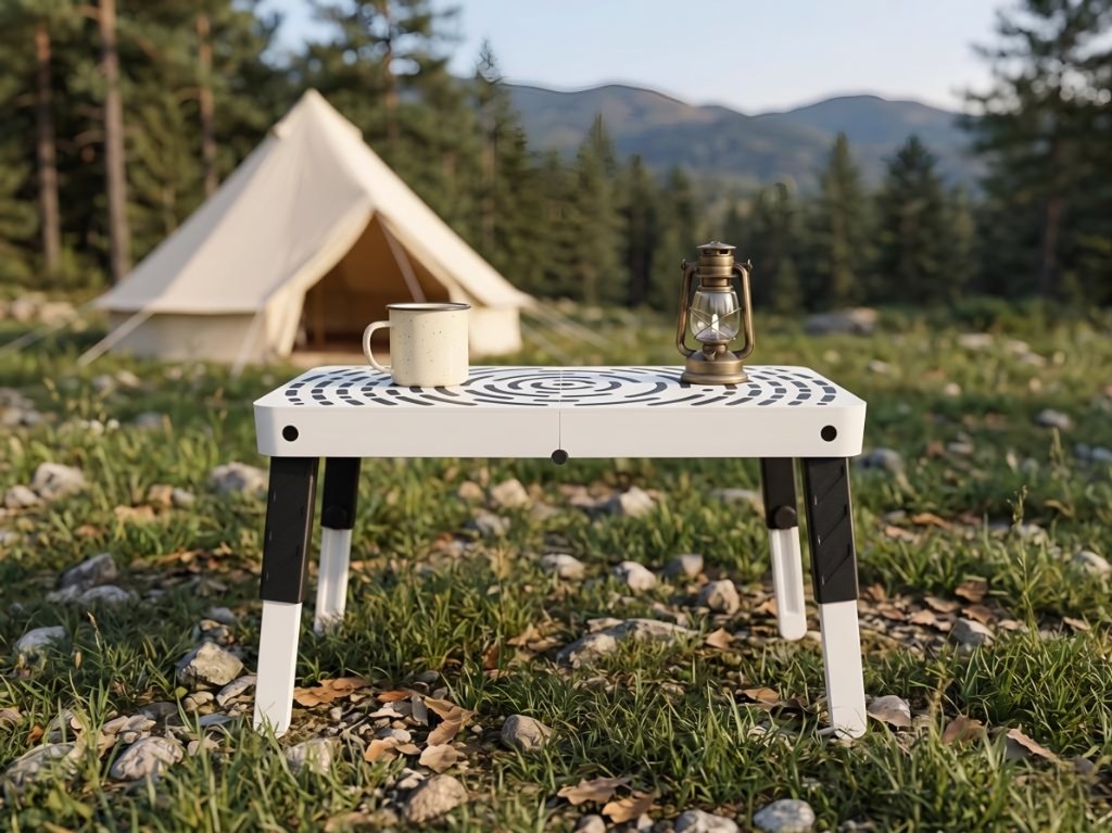 DIY 3D printed camping table set up in a forest camping site on a grassy hill using telescopic legs for leveling