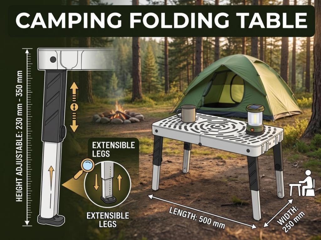 FDM 3D printed camping table dimensions showing 500x250mm tabletop surface and adjustable telescopic legs diagram
