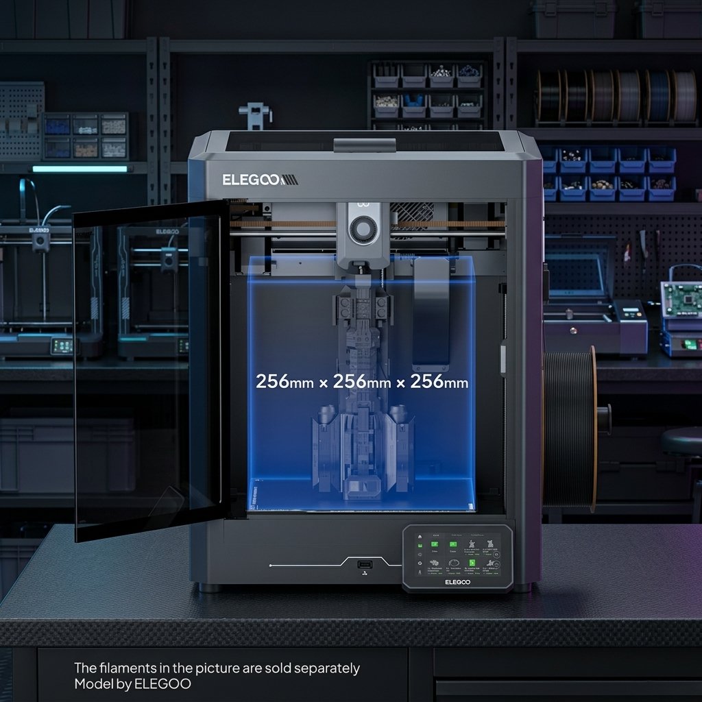 Close-up of high-speed FDM 3D printer carriage highlighting lightweight carbon fiber rods and belts