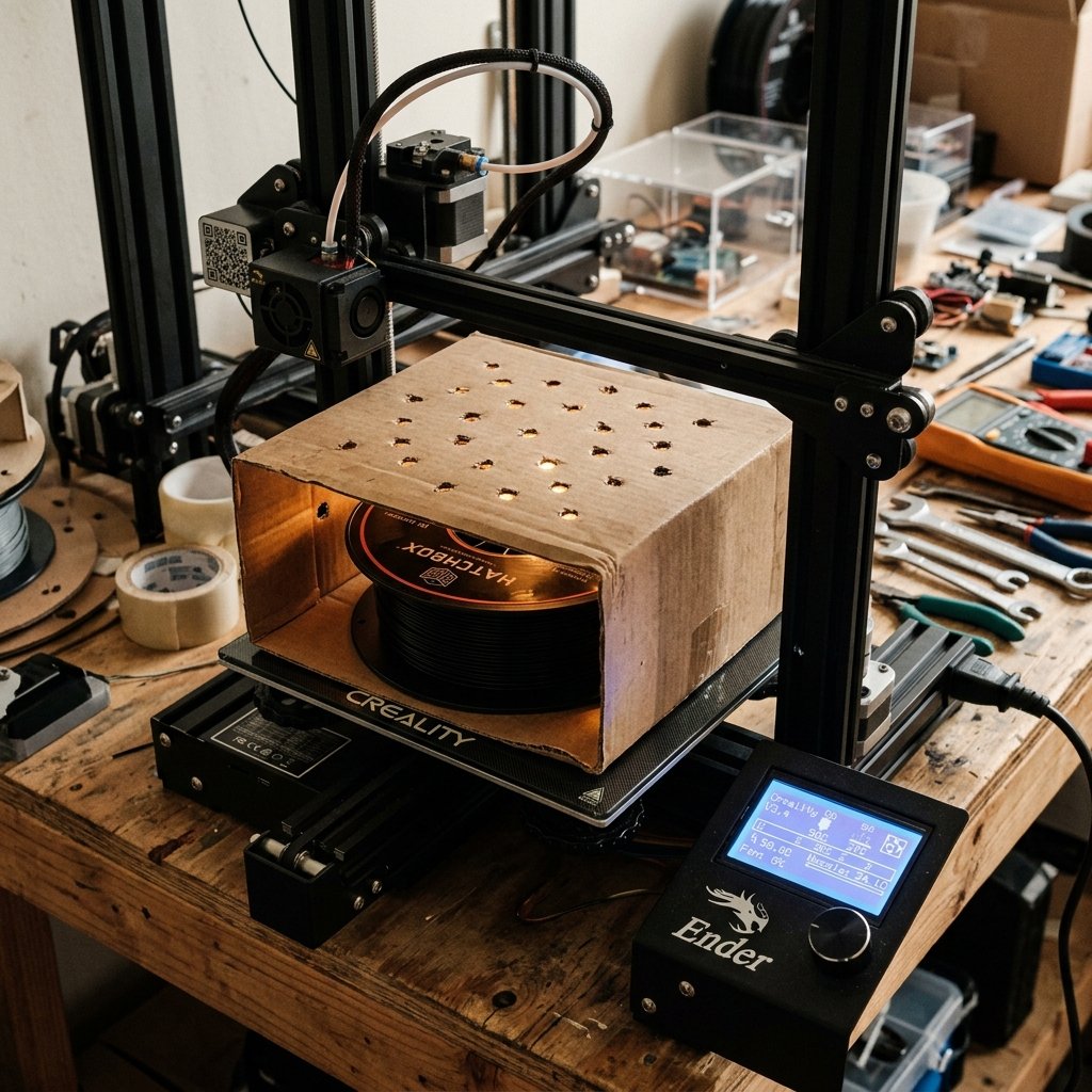 DIY filament drying setup showing a spool on a heated 3D printer bed covered by a cardboard box with ventilation holes