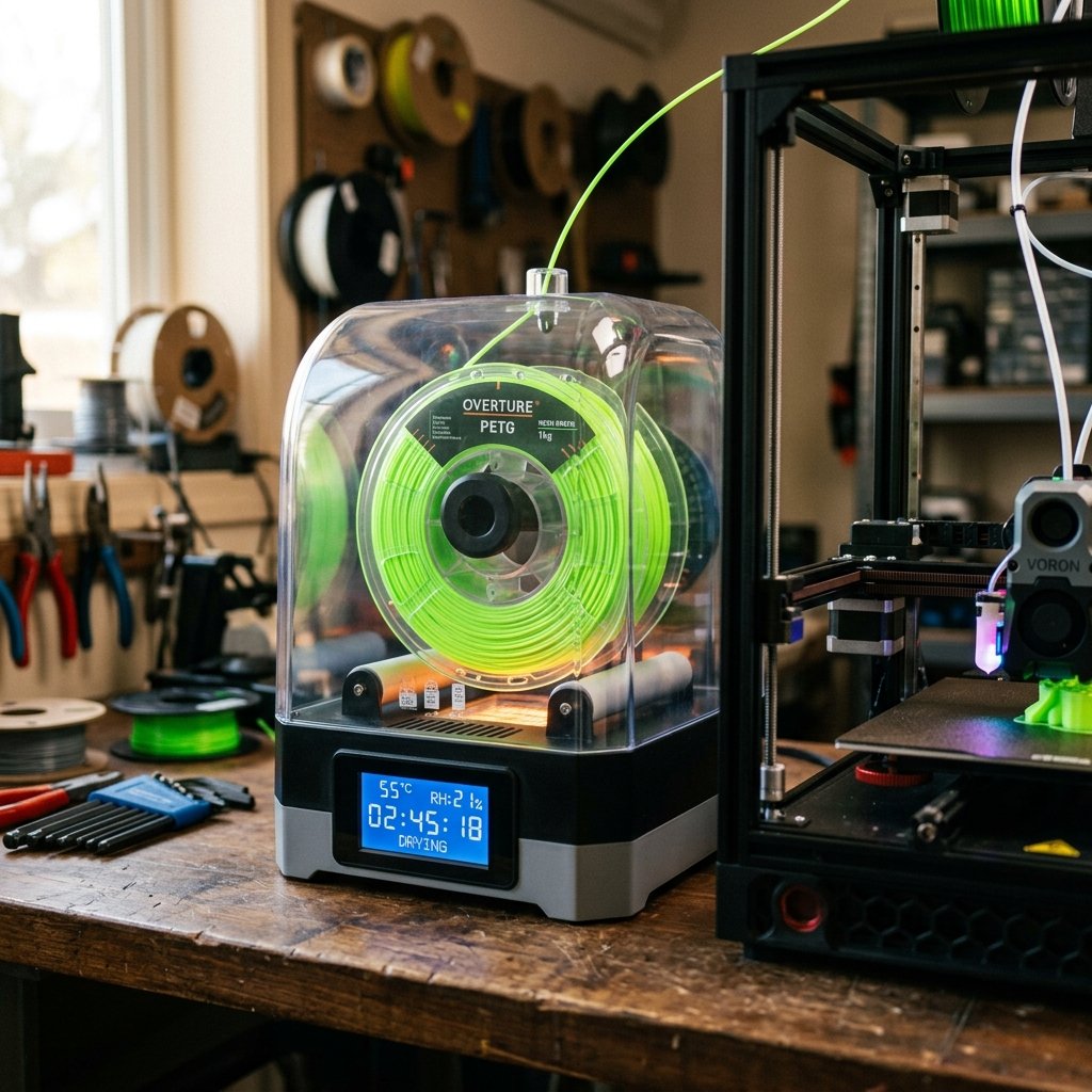 FDM 3D printing filament drying guide cover showing spools inside a dedicated dryer