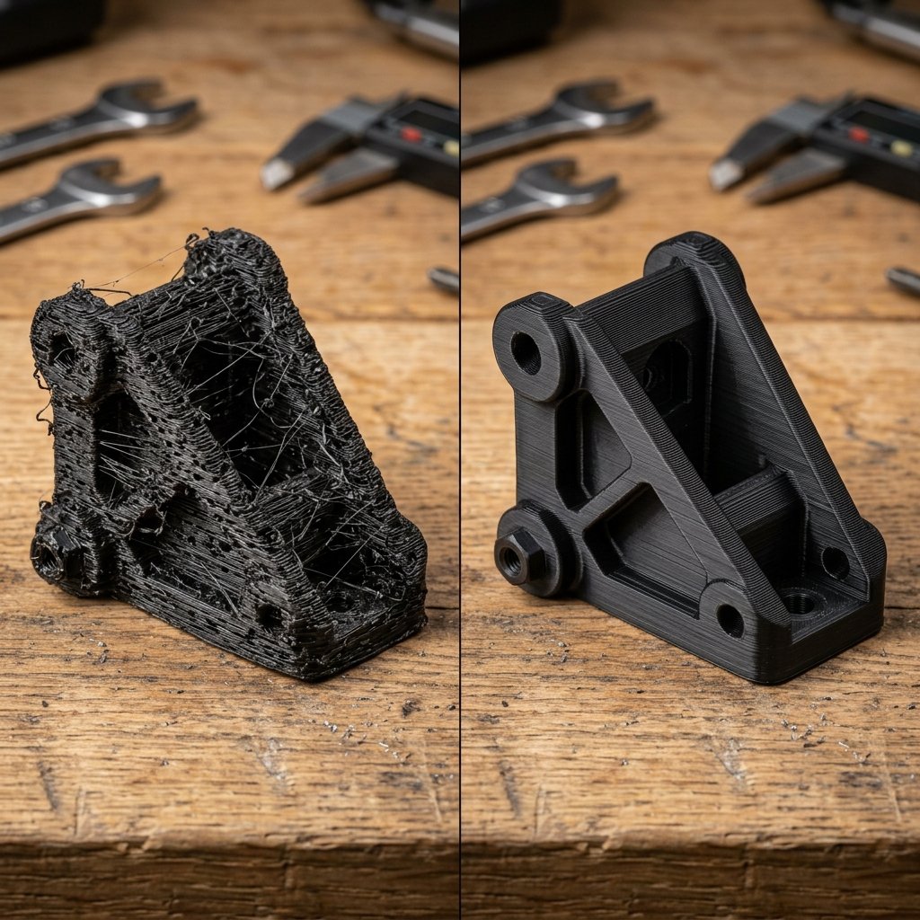 Comparison of wet 3D printing filament showing steam bubbles, popping, and surface defects next to dried filament results