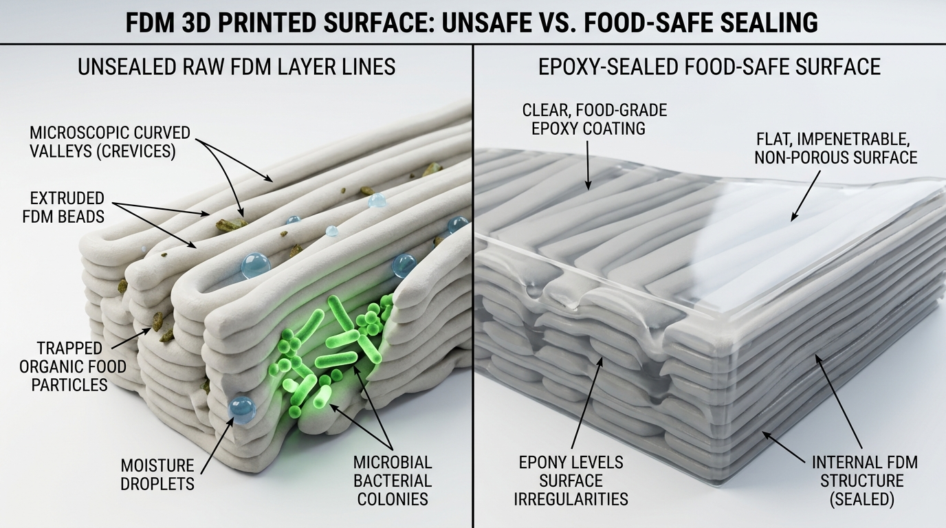 Split cross section diagram comparing raw FDM layer lines harboring microscopic bacterial colonies versus a smooth non-porous epoxy sealed food safe surface