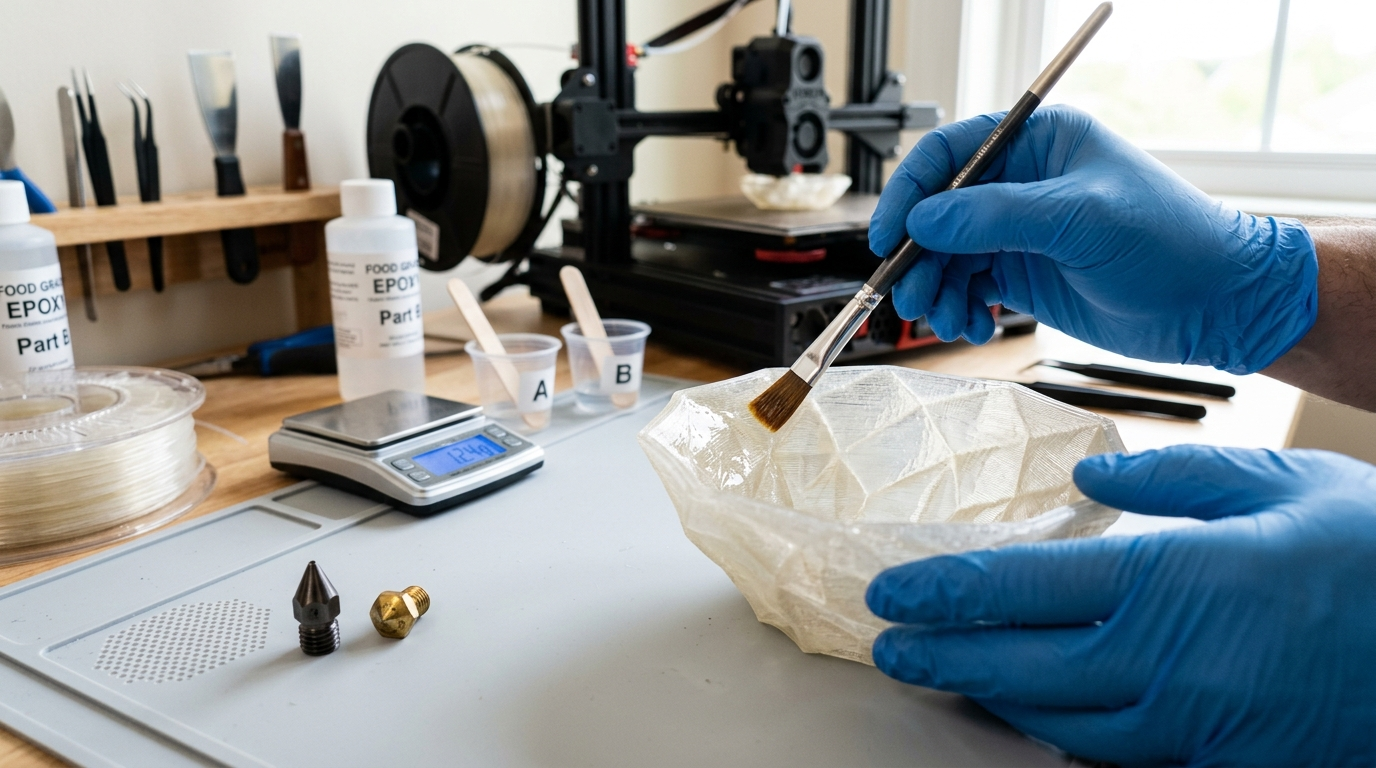Maker workshop table showing blue nitrile gloved hands applying clear FDA food grade epoxy coating with fine brush to 3D printed bowl next to stainless steel nozzle and micro scale