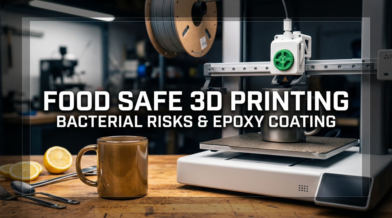 FDM 3D printer printing a functional kitchen mug on a textured PEI plate next to food grade epoxy sealed cups and lemon slices