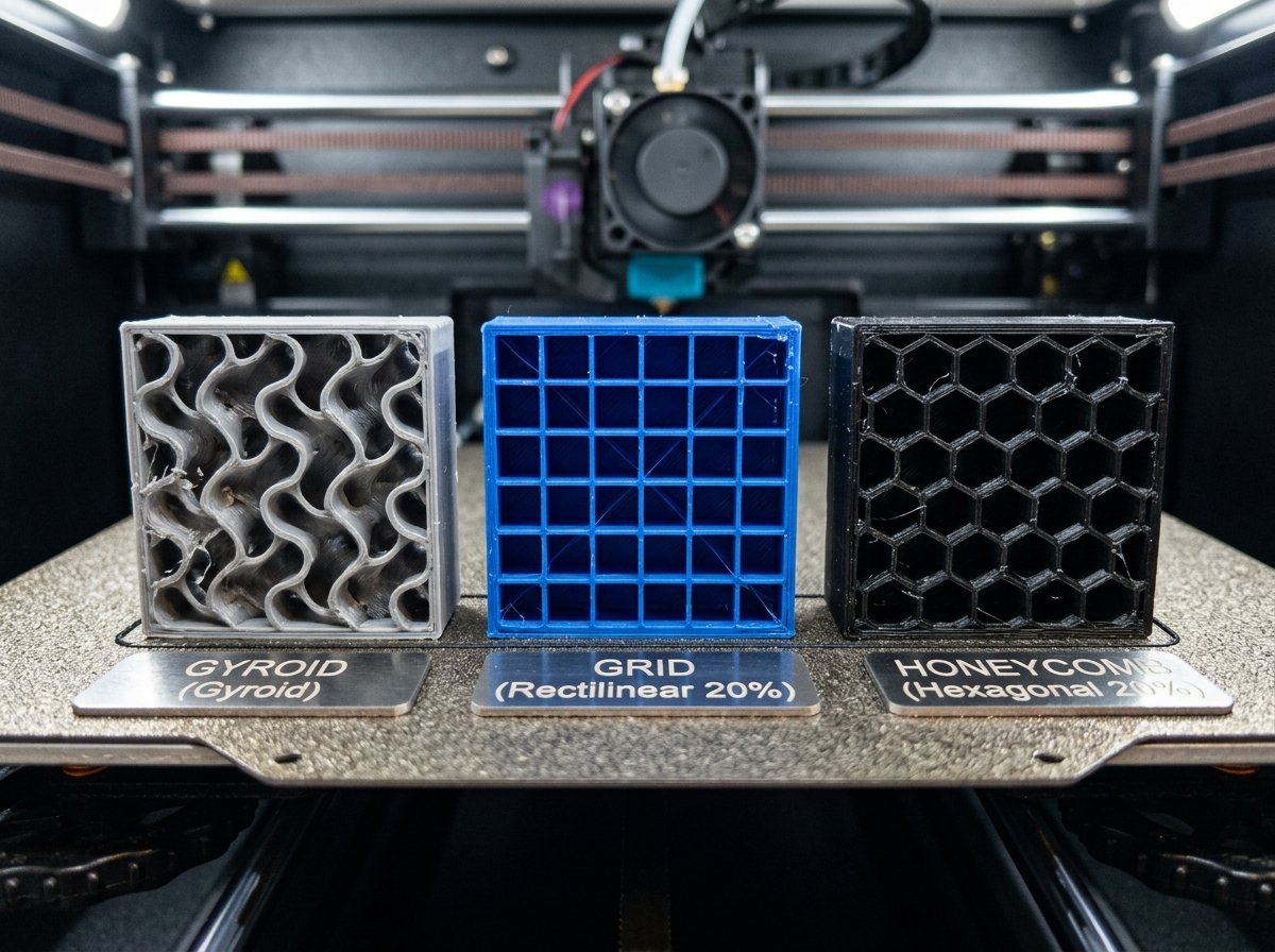 Comparison of 3D printed internal infill structures showing Gyroid, Grid, and Honeycomb patterns on an FDM printer build plate