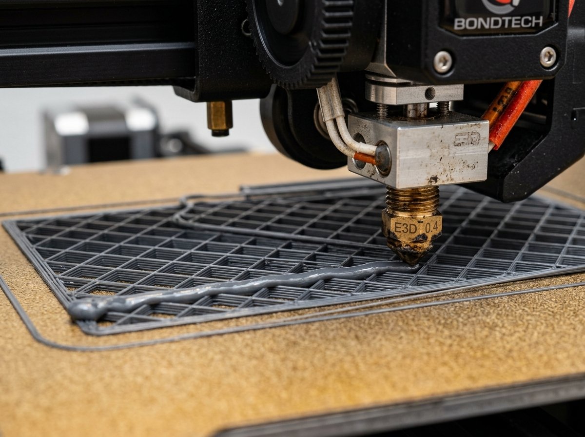 Macro technical photograph of a modern 3D printer nozzle passing over internal infill lines