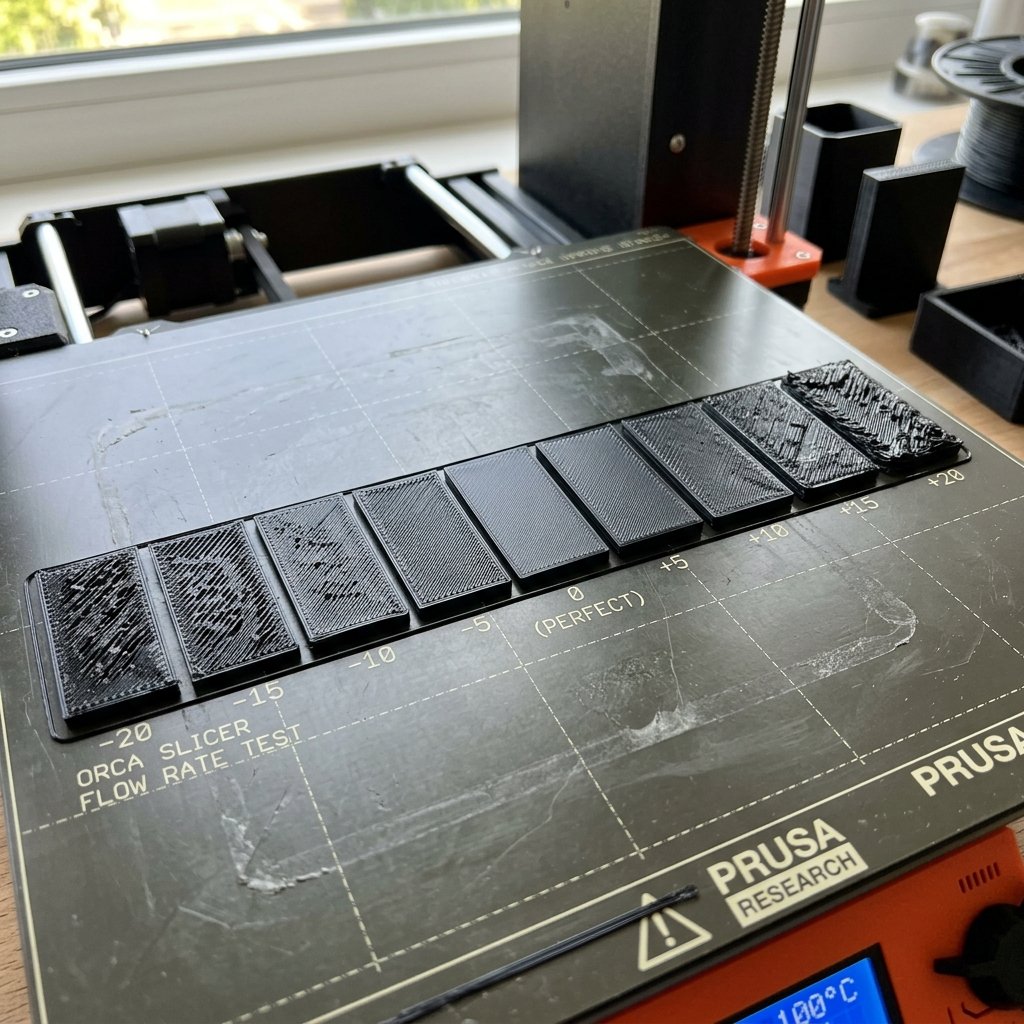 Orca Slicer flow rate calibration tiles from Pass 1 test showing different levels of surface quality