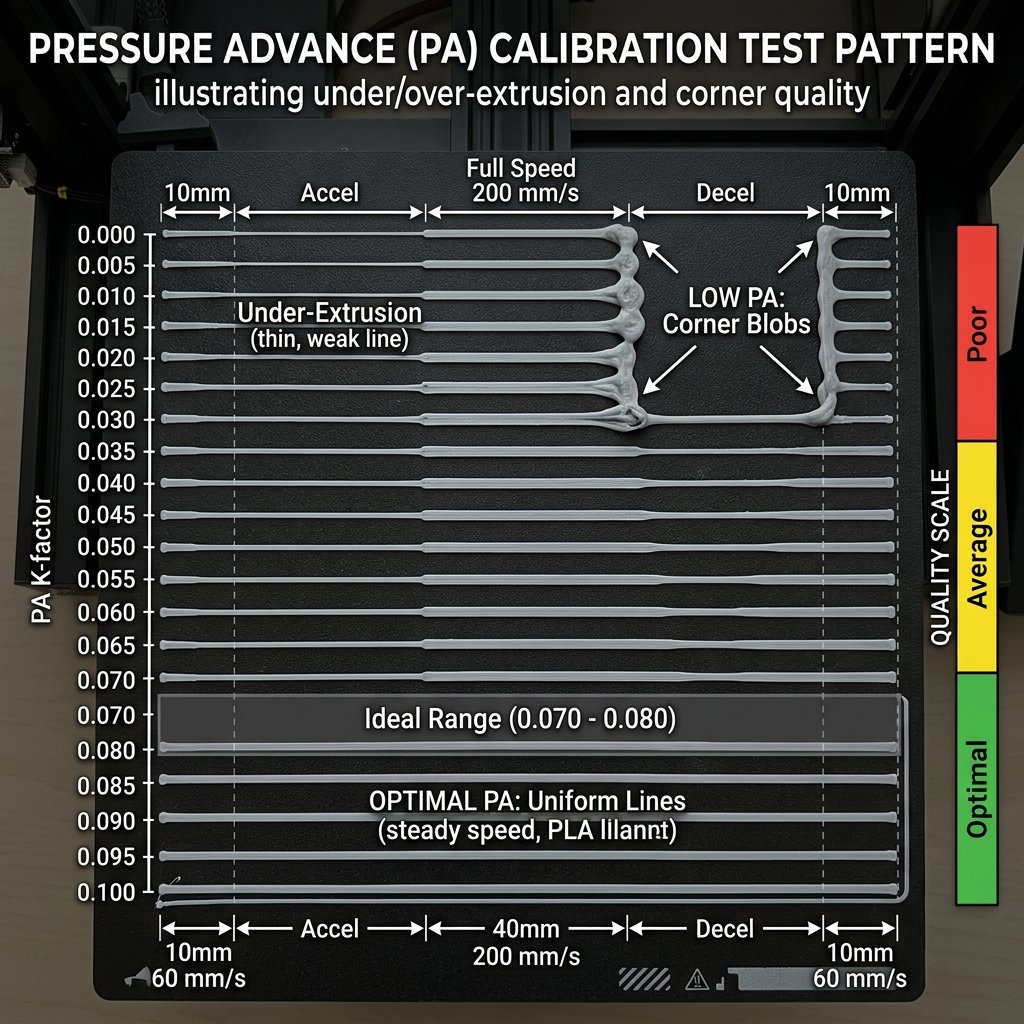 Line test showing pressure advance calibration results with different K-values from under-extruded to over-extruded