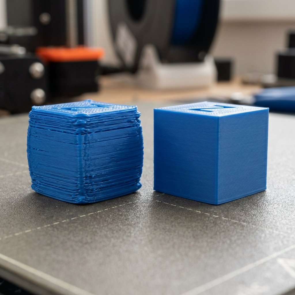 Side-by-side comparison of 3D printed cubes showing rounded corners without pressure advance and sharp corners with calibrated K-value