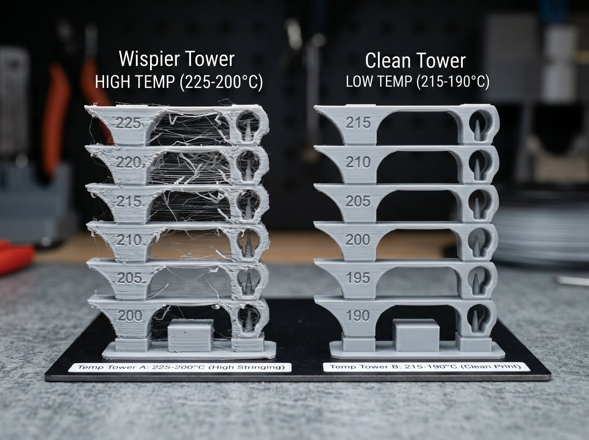 Side by side comparison of 3D printed retraction test towers showing reduction of wispy strings as nozzle temperature drops by 10°C