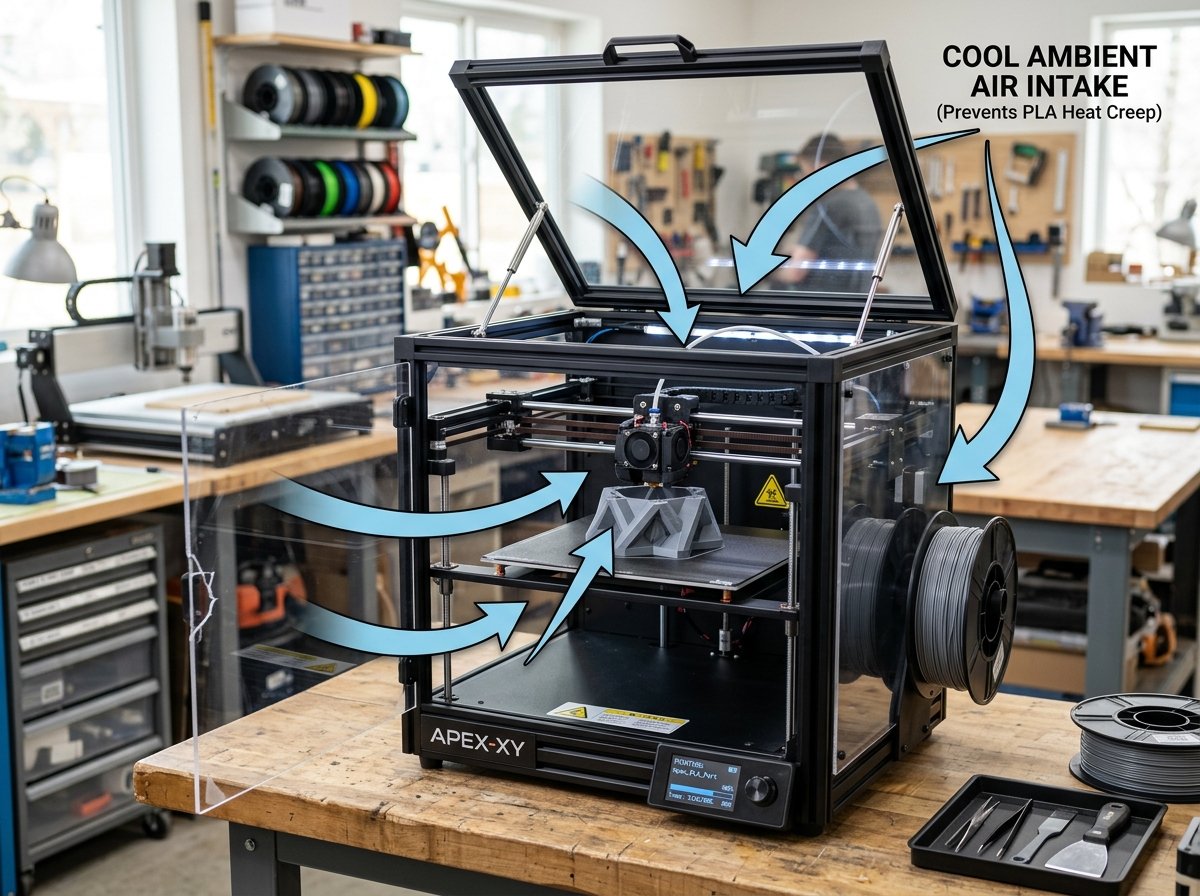 Modern enclosed CoreXY FDM 3D printer with top glass lid propped open and front door slightly open showing airflow ventilation for PLA heat creep prevention