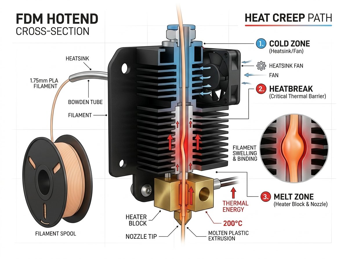 Technical 3D infographic diagram showing an FDM hotend cross section with cold zone, heatbreak thermal barrier, and melt zone, illustrating heat creep rising and filament swelling