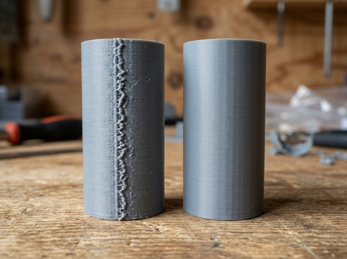 Side by side comparison of two 3D printed cylinders: one showing a standard prominent Z-seam blob line and one with an ultra-smooth scarf seam finish