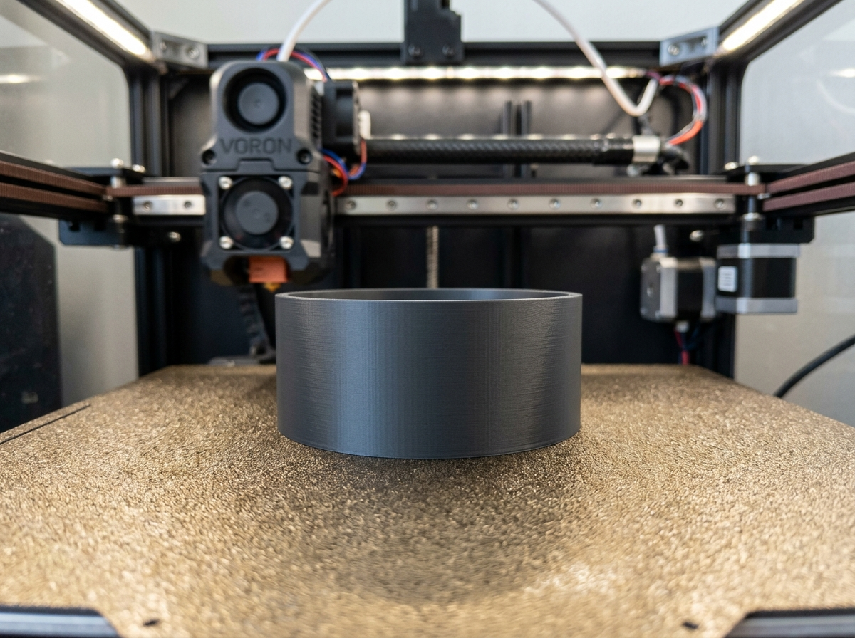 Macro photo of a smooth 3D printed cylinder on a textured PEI FDM build plate featuring invisible scarf seams printed with Orca Slicer